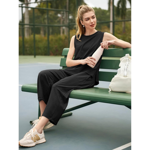 Ensemble 2 pièces pour femmes, haut court sans manches, pantalon à jambes larges, coupe ample, couleur unie, tenue de sport décontractée, toutes saisons - Product Image 3