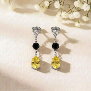 Lemon Quartz & Black Obsidian Drop <b>Earrings</b> Pear Oval CZ Accent Minimalist Dangle <b>Studs</b> Sterling <b>Silver</b> Jewelry Gift For Her - Product Image 5