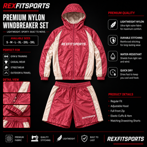 ชุดวอร์มกันลมไนลอนสีแดงครีมแบบกำหนดเองสำหรับผู้ชาย REXFIT SPORTS 2026 ชุด 2 ชิ้น เสื้อแจ็คเก็ตมีฮู้ดแบบซิป กางเกงขาสั้น ชุดกีฬาแบรนด์ส่วนตัว - Product Image 1