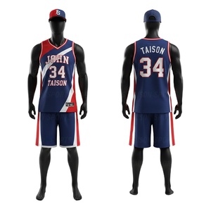 Tenue de basketball pour hommes 180 GSM en maille polyester respirante bleu marine, rouge et blanc avec panneaux latéraux incurvés, ensemble d'équipe personnalisé avec logo par sublimation - Product Image 1
