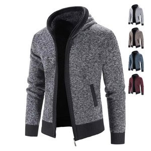 Men's Front Logo <b>Zip</b>-<b>Up</b> Knitted Polyester Fleece Lined Regular Fit Casual Winter Coat Solid Color Anti-Pilling Design - Product Image 3