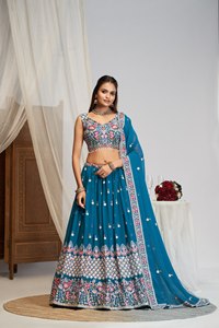 Teal Blue Embroidered <b>Lehenga</b> Choli Net Wedding Dress Set Fox Georgette Festival Outfit With Dupatta - Product Image 1