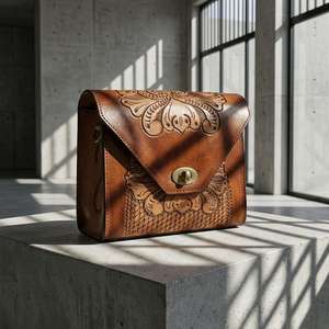 Bolso Bandolera de Cuero Genuino 100% Hecho a Mano con Grabados Florales, Ligero, Estilo Vintage Bohemio para Mujer - Product Image 1