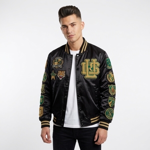 Blouson Bomber Graphique Personnalisé Marron Satiné Style Universitaire Baseball Homme Vêtement Urbain Streetwear - Product Image 3
