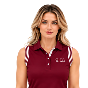 Polo sin mangas color rojo vino para mujer, corte ajustado, con cuello de parche, para equitación y entrenamiento, personalizado, al por mayor, de alto rendimiento. - Product Image 3