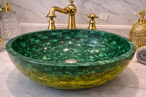 Lavabo Redondo de Malaquita Verde Premium para Baño, Lavabo de Mosaico para Decoración Moderna y Lujosa - Product Image 4