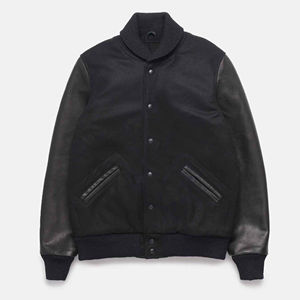 Nouvelle veste bomber universitaire en laine bleu roi et cuir noir, col montant, style universitaire, design streetwear, logo frontal - pour l'hiver - Product Image 1