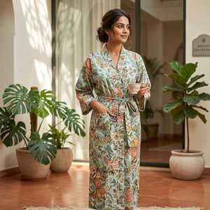 Robe Kimono Vintage en Coton à Motifs Floraux Vert Sauge, Manches Longues, Col en V, Peignoir Long Fait Main pour la Détente et les Vacances - Product Image 2