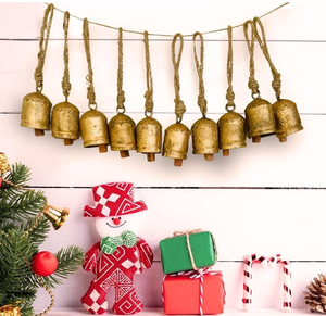 Ensemble de 10 clochettes de Noël rustiques faites à la main en laiton, clochettes de vache suspendues, décorations d'arbre vintage, décorations dorées antique, vente en gros - Product Image 4