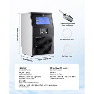 Macchina Professionale per Ghiaccio in Acciaio Inox da Banco, Produzione 80 Libbre/24h, Capacità di Stoccaggio 12 Libbre, 32 Cubetti per Ciclo - Product Image 1