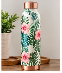 Navy Blue Copper <b>Water</b> <b>Bottle</b> with Gold Ginkgo Leaf Pattern Modern Portable <b>Metal</b> Drinkware - Product Image 3