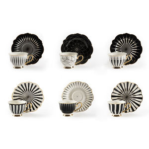Service de 6 tasses à café et soucoupes Excelsa Alice en porcelaine, 10 cl, blanc, motif noir, bordure dorée - Product Image 1