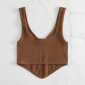 Débardeur court côtelé en maille pour femme, col en V profond, sans manches, couleur unie, décontracté, respirant, pour la gym - Product Image 5