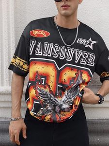 T-shirt pour homme à col rond et manches courtes, motif aigle, style streetwear, coupe oversize - Product Image 4