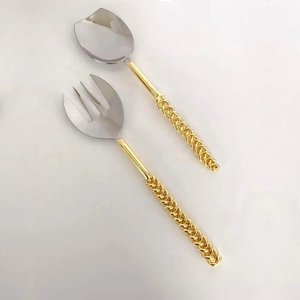 Hot Selling Golden Brass Handle Metal Silver <b>Salad</b> <b>Server</b> for Home Kitchenware Dining Table <b>Salad</b> <b>Server</b> Set Handicrafts - Product Image 1