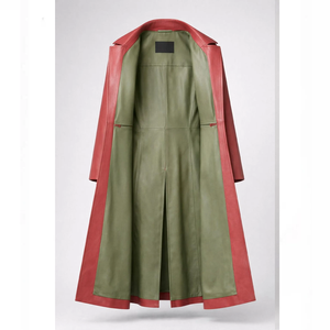 Elegante Gabardina Roja con Forro Verde Suave, Corte Minimalista, Abrigo Largo de Cuero - Product Image 3