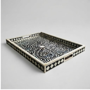 Plateau rectangulaire artisanal en MDF écologique, rustique, décoratif pour mariage, avec motif floral incrusté d'os et poignée gravée, multifonctionnel - Product Image 3