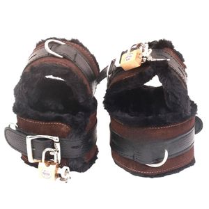 Real Leather Wrist To <b>Thigh</b> Restraints With Metal Hardware Brown Faux Fur Lined - Product Image 4