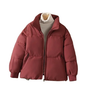 Women's Burgundy <b>Quilted</b> <b>Winter</b> Jacket Full Sleeve Stand Collar Thick Polyester Wadding Zipper Closure Short Length - Product Image 1