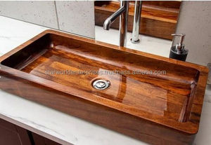 Lavabo de madera Cuenco de madera antiguo Diseño de lujo moderno Lavabo DE ARTE ovalado Lavabo de mano de hotel Baño blanco y dorado - Product Image 5
