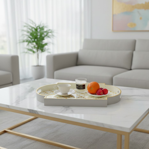 Plateau de service minimaliste en laque blanche - Plateau décoratif artisanal d'art oriental pour ottoman et table d'appoint - Product Image 5