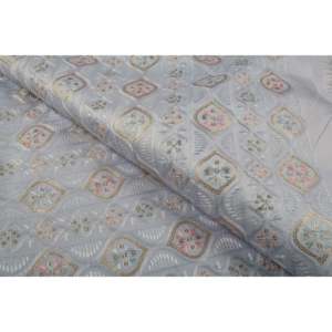 Sequin Fabric Floral Embroidery Semi Silk Satin Blue Gold Multicolor 58 Inch Wide - Product Image 1