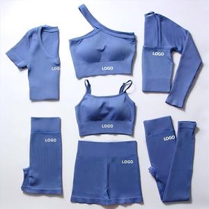 Conjunto de Yoga Acanalado Sólido para Mujer, 6 Piezas, Cintura Alta, Transpirable, Ropa Deportiva para Fitness, Azul, Spandex, Poliéster - Product Image 1
