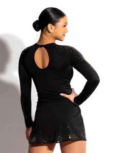 Uniforme de porristas negro de primera clase con pedrería dorada, logotipo personalizado, conjunto de malla larga para equipos de animación - Product Image 2