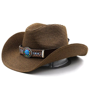 Black Straw Cowboy <b>Hat</b> With Embroidered <b>Band</b> And Turquoise Concho Unisex Outdoor Spring Summer Adult 56-58cm - Product Image 5
