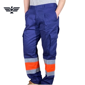 Pantalon de travail réfléchissant en polyester bleu marine fluorescent haute visibilité avec bandes de sécurité orange - Product Image 2