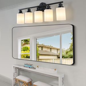 Espejo de Baño Moderno de 5 Luces y 31 Pulgadas con Cristal Esmerilado Blanco y Marco de Hierro Negro, Aplique de Pared Contemporáneo para Dormitorio - Product Image 1