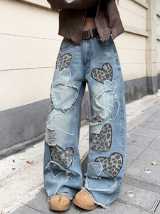 Jeans de Moda Otoñal para Mujer, Talla Grande, con Incrustaciones de Diamantes, Coloridos, Vintage, con Parches, Estampado de Corazones, Cintura Baja, Elásticos, de Pierna Ancha - Product Image 3