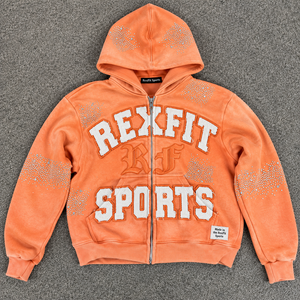 Sudadera con capucha Rexfit Sports con cremallera completa, letras en relieve en el pecho, detalle de capucha con tachuelas, dobladillo acanalado y cómoda sudadera unisex holgada. - Product Image 1