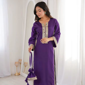 Ensemble Kurti en dentelle véritable avec pantalon et Batwa – Tenue ethnique élégante pour les fêtes et les occasions spéciales - Product Image 1