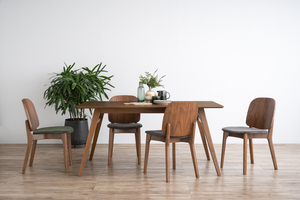 Modern Japandi Dining Chair with Curved Walnut <b>Backrest</b> and Olive Green Upholstered Seat for Minimalist Dining Room - Product Image 4