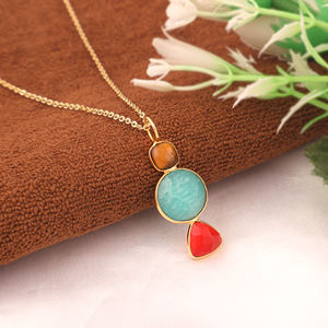 Hot selling natural tiger eye amazonite and red jade bezel set pendant necklace brass 18k gold plated triple gemstone necklace - Product Image 2