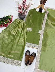 Ensemble Sharara en soie lourde verte pour femme, Salwar Kameez brodé, tenue ethnique traditionnelle pakistanaise, séchage rapide, pour fêtes et mariages - Product Image 4
