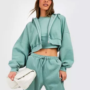 Custom Women Cropped Zip Up Hoodie Sweatpants <b>Set</b> Heavy Weight Vintage 3 Piece Tracksuit Women Hooded <b>Crop</b> <b>Top</b> Jogger <b>Sets</b> - Product Image 5
