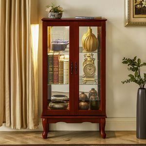 Vetrina Illuminata a 3 Ripiani Cherry con Ripiani Regolabili e Porte in Vetro Temperato, Pannello Posteriore a Specchio per Soggiorno - Product Image 1