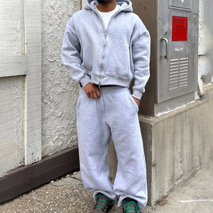 Ensemble de survêtement polaire oversize premium pour homme, épais 500 GSM, avec sweat à capuche zippé et pantalon de jogging large, deux pièces, streetwear d'hiver - Product Image 5