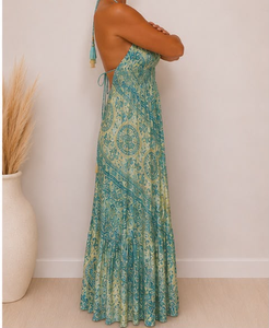 Attractive Light Blue <b>Halter</b> Neck Boho Silk, Polysilk 100% Handmade Maxi <b>Dress</b> Tiered Paisley Print <b>Backless</b> Sundress For Women - Product Image 4