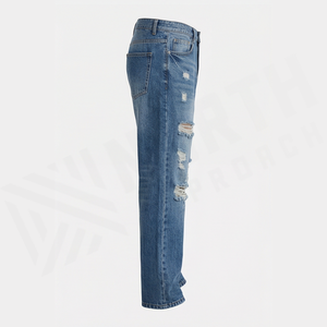 Jean en denim déchiré à jambe droite et taille haute pour homme, coupe classique, en coton, style décontracté, pour l'automne - Product Image 3