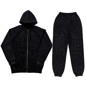 Ensemble de survêtement d'hiver à capuche avec strass, deux pièces, veste zippée et pantalon assorti, motif uni, décontracté - Product Image 1