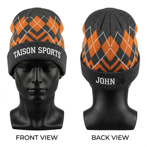 Premium 300 GSM Acrylic Knit Men Soccer Beanie Argyle Orange Grey Soft Warm Folded Cuff Custom Embroidery Logo <b>Winter</b> <b>Cap</b> - Product Image 1