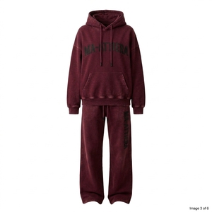 Conjunto de Sudadera con Capucha Oversize Lavada Color Borgoña y Pantalones Anchos de Chándal Estilo Urbano OEM al por Mayor - Product Image 3
