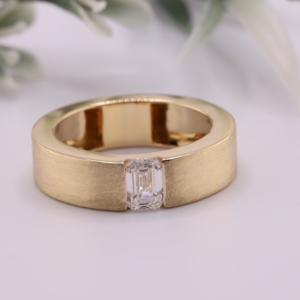 <b>Emerald</b> Cut Lab Diamond <b>Mens</b> <b>Ring</b> Yellow Gold Brushed Matte Wide Band Flush Set Diamond Solitaire <b>Mens</b> <b>Ring</b> Fine Jewelry - Product Image 1