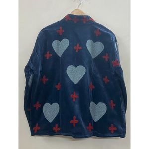 <b>Women</b> Y2K Velvet Suzani <b>Jacket</b> Mandarin Collar Blue Heart Red Cross Embroidery Long Sleeve 100% Cotton <b>Summer</b> Autumn Winter Coat - Product Image 5
