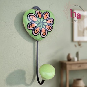 Hand Painted Ceramic Heart Wall Hook Green Flower Design Rustic Style Single Hook Adjustable Eco-Friendly Waterproof - Product Image 3