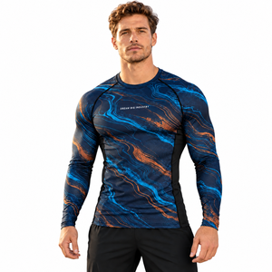 Custom Men's Long Sleeve <b>Compression</b> <b>Shirt</b> Blue <b>Black</b> Graphic Print Tight Fit Rash Guard Sports Training Gym Athletic Base Layer - Product Image 1