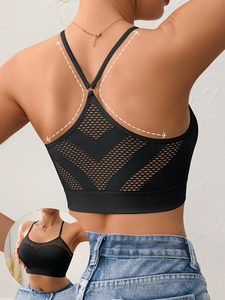 Pullover Moisture Wicking Sports Bra Geometric Net Detailing Spaghetti Y Back Design Seamless Workout <b>Crop</b> <b>Top</b> Blanks - Product Image 5